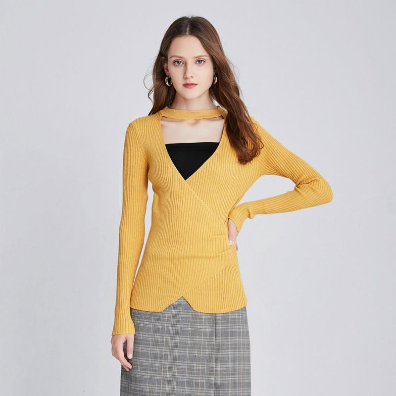 Изображение товара: Женский свитер с V-образным вырезом, желтый пуловер с длинным рукавом, модная Уличная Повседневная рубашка, популярный Женский свитшот, 2020