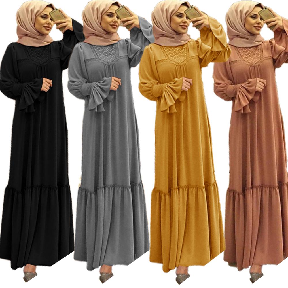 Изображение товара: Мусульманское женское хиджаб, однотонное длинное платье макси с оборками и рукавами-лепестками, Исламская одежда, кафтан, кимоно с большой свободной платья абайя