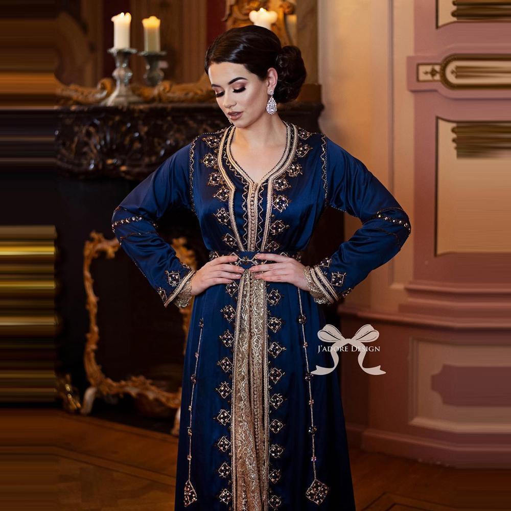 Изображение товара: На заказ темно-синий элегантный марокканский кафтан вечернее платье с длинным рукавом Бусы мусульманский Алжир выпускное платье Кружева Дубай Арабский платье