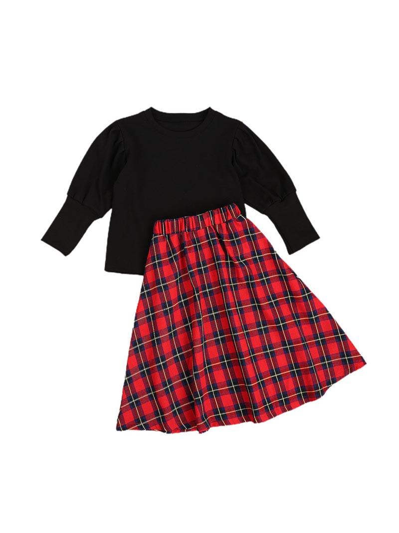 Изображение товара: Pudcoco/комплект из 2 предметов, топ и юбка для маленьких девочек Однотонный пуловер с длинными рукавами и круглым вырезом, футболка комплекты с клетчатым низом
