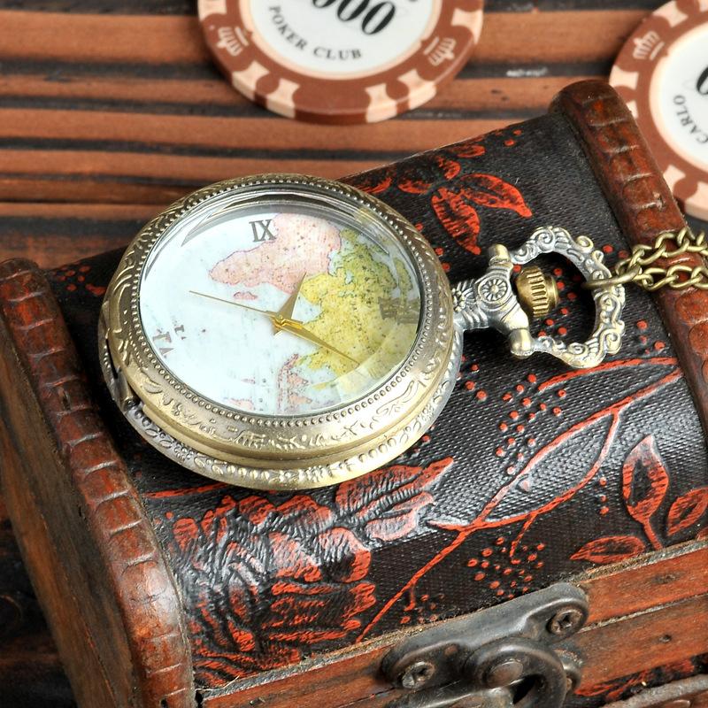 Изображение товара: 9015 мода хорошего качества кварцевые часы ожерелье Винтаж бронзовый карта мира прозрачное стекло карманные часы