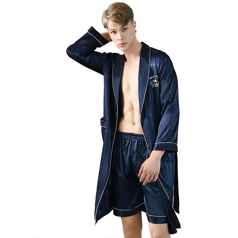 Изображение товара: Мужское шелковое кимоно Pijiama, летняя атласная пижама с длинным рукавом, шорты или штаны, корейский пижамный комплект из двух предметов, темно-синяя Пижама
