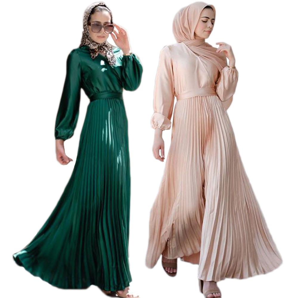 Изображение товара: Арабское длинное платье-кафтан, мусульманское Плиссированное Платье для Рамадана, свободное модное Макси-Платье, женское турецкое платье с v-образным вырезом на Среднем Востоке