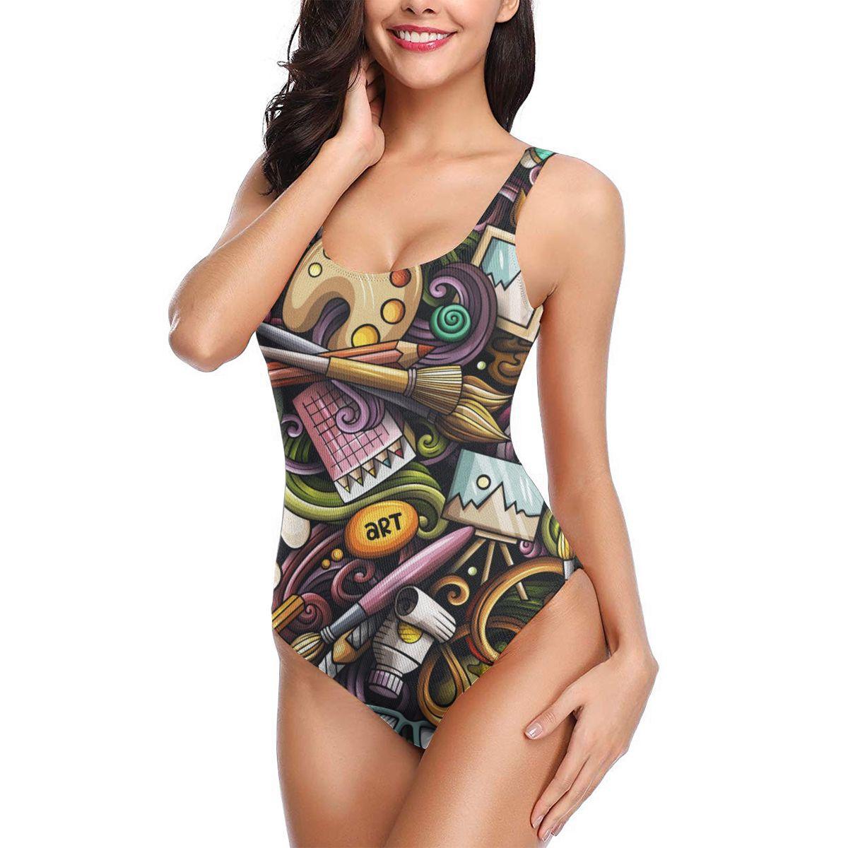 Изображение товара: Женская купальная одежда, сексуальный цельный купальный костюм с открытой спиной, купальный костюм, боди, пляжная одежда для плавания с рисунком, милый рисунок художника, 2020