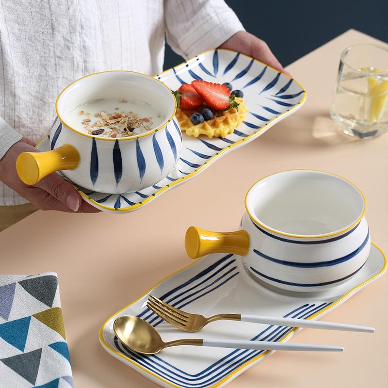 Изображение товара: Набор посуды и тарелки для завтрака с ручкой, классическое абстрактное искусство, японская керамическая тарелка с рисунком листьев, молочный горшок, торт, салат