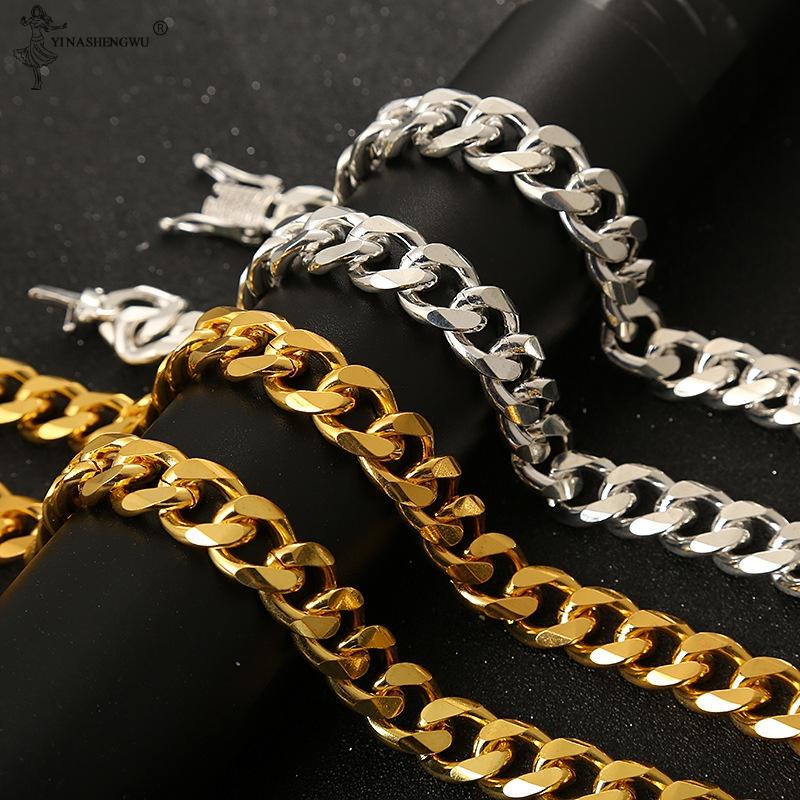 Изображение товара: Мужской браслет с кубинскими звеньями, глянцевый браслет-цепочка для мужчин, золотой цвет, нержавеющая сталь, браслет в стиле хип-хоп, мужское ювелирное изделие, браслет