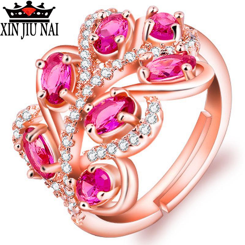 Изображение товара: Открытые регулируемые свадебные кольца в этническом стиле из розового золота для женщин, роскошные кольца с листьями, красными цветами, кубическим цирконием, кольцо для невесты