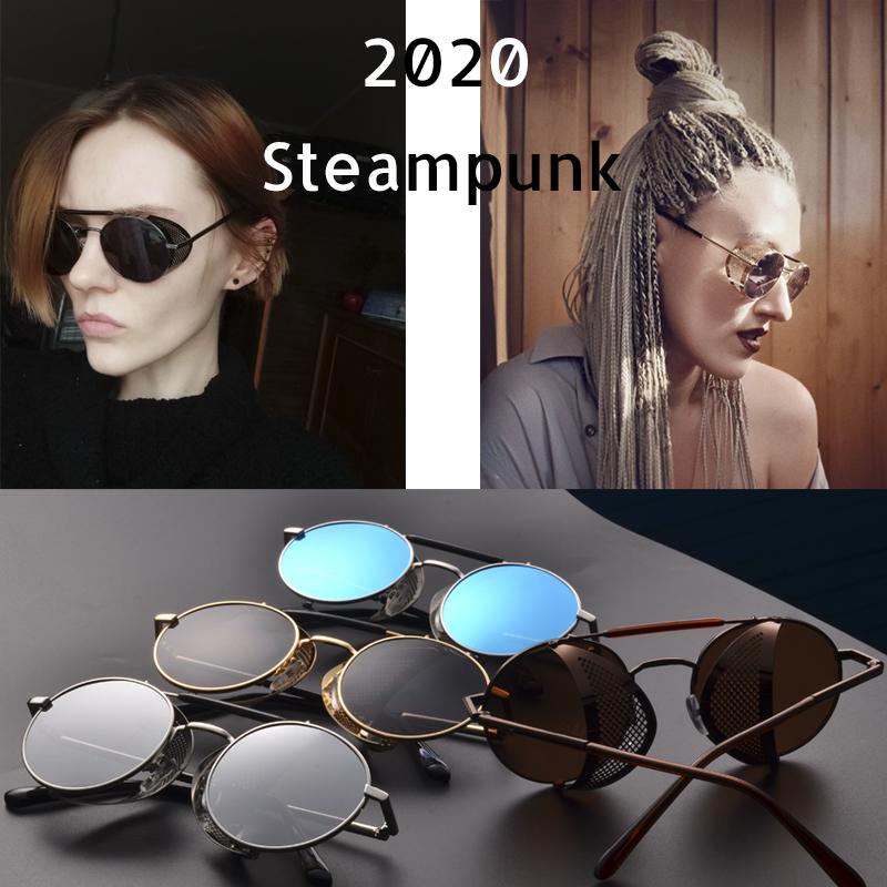 Изображение товара: Солнцезащитные очки в стиле стимпанк для мужчин и женщин, винтажные зеркальные солнечные аксессуары в круглой металлической оправе, с защитой UV400, чёрные, в готическом стиле, для вождения