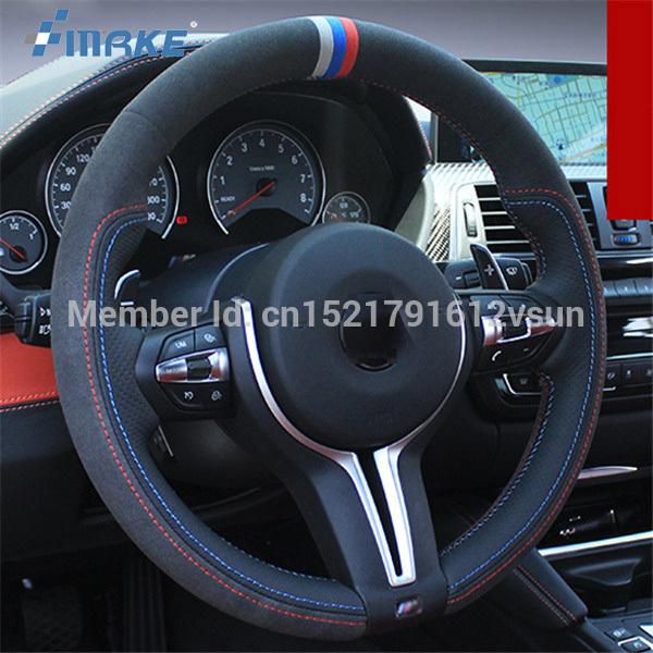 Изображение товара: Чехол на руль для BMW M4, прошитая вручную Нескользящая черная кожа, черная замша, красная синяя нить, «сделай сам»