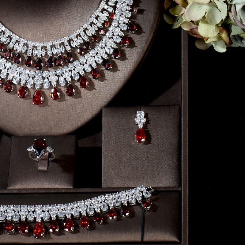 Изображение товара: HIBRIDE, винтажный комплект ювелирных изделий для свадебной вечеринки, ожерелье с цирконием, серьги, браслет и кольцо, набор для женщин, свадебный подарок, N-866