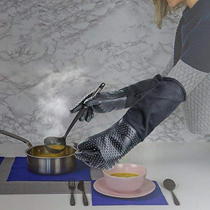 Изображение товара: Сверхдлинная профессиональная силиконовая рукавица для духовки, термостойкая перчатка для приготовления пищи с внутренним хлопком для кухни, барбекю, выпечки, гриля-Bla