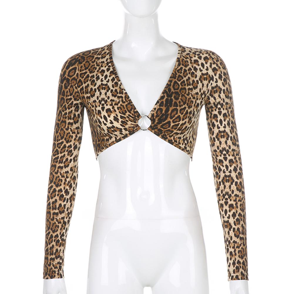 Изображение товара: Женская облегающая футболка с V-образным вырезом, длинным рукавом и леопардовым принтом
