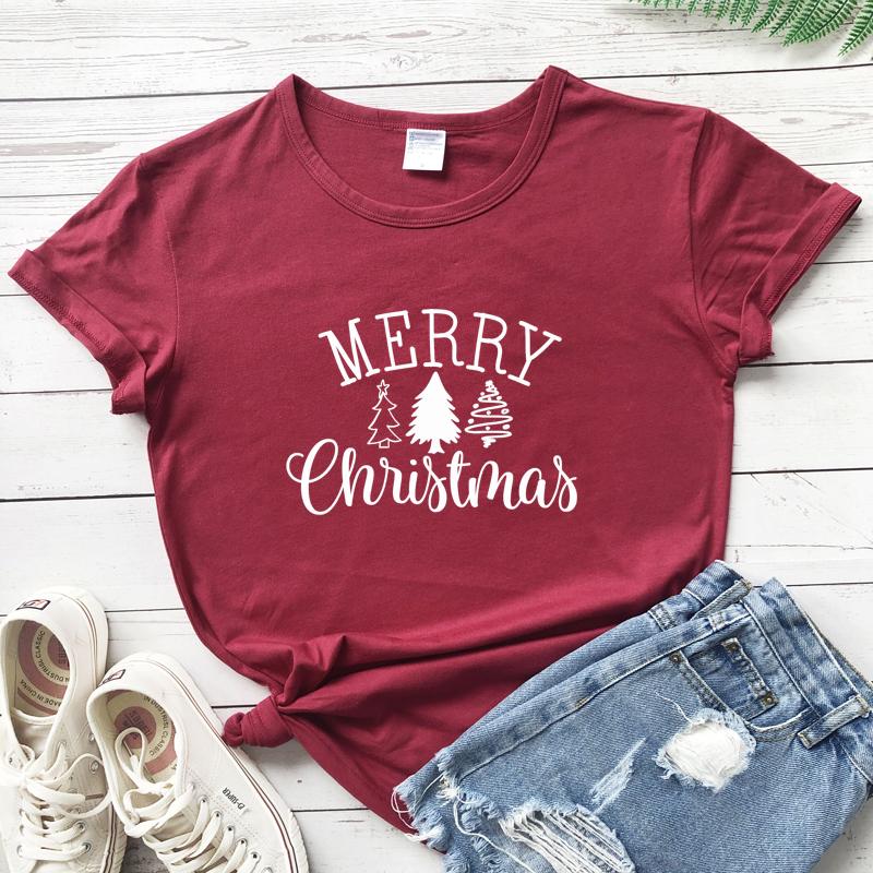 Изображение товара: Футболка с рождественской елкой из 100% хлопка, милая Женская рождественская Подарочная футболка, забавная зимняя графическая Праздничная футболка с коротким рукавом, топы