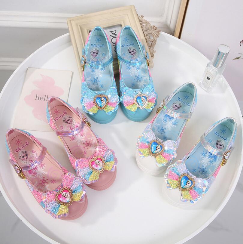 Изображение товара: Детские сандалии принцессы Эльзы; Детская Свадебная обувь с бантом для девочек; Модные модельные туфли со стразами; Вечерние босоножки для девочек