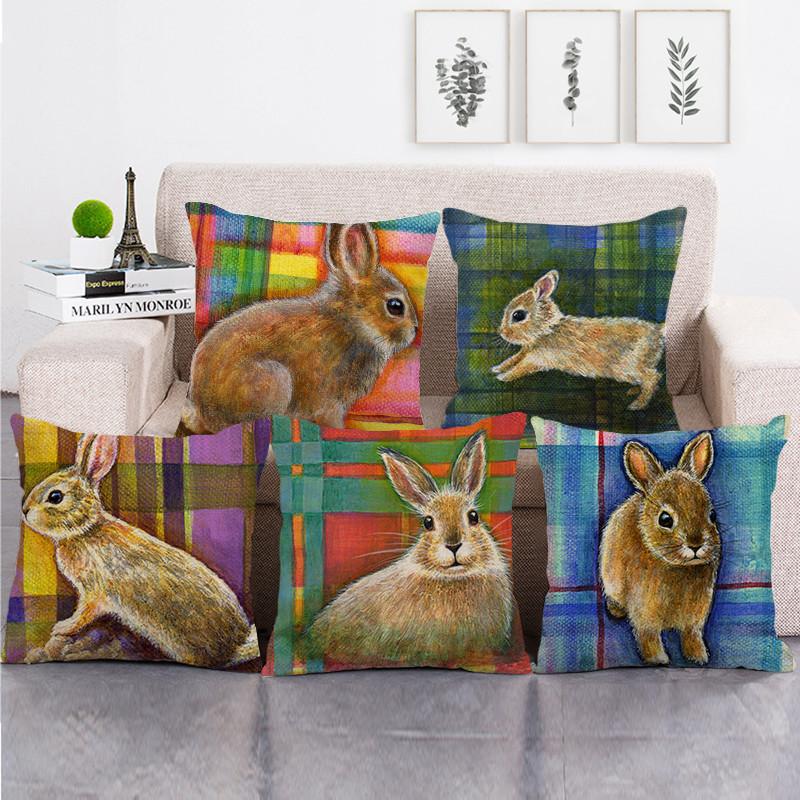 Изображение товара: Чехол для диванной подушки с пасхальным рисунком кролика, наволочка для дивана, наволочка из крана и льна, квадратные Красочные Декоративные наволочки для подушек в клетку с кроликом