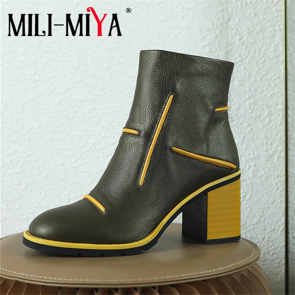 Изображение товара: MILI-MIYA; Модные женские ботинки из коровьей кожи на квадратном каблуке; Разноцветные мотоциклетные ботинки без шнуровки с круглым носком; Размеры 34-39; Ручная работа