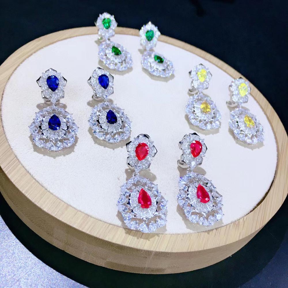 Изображение товара: Серьги-капельки из стерлингового серебра 925 пробы с кубическим цирконием, ювелирные украшения для женщин, вечерние, свадебные, желтые, синие, зеленые, красные