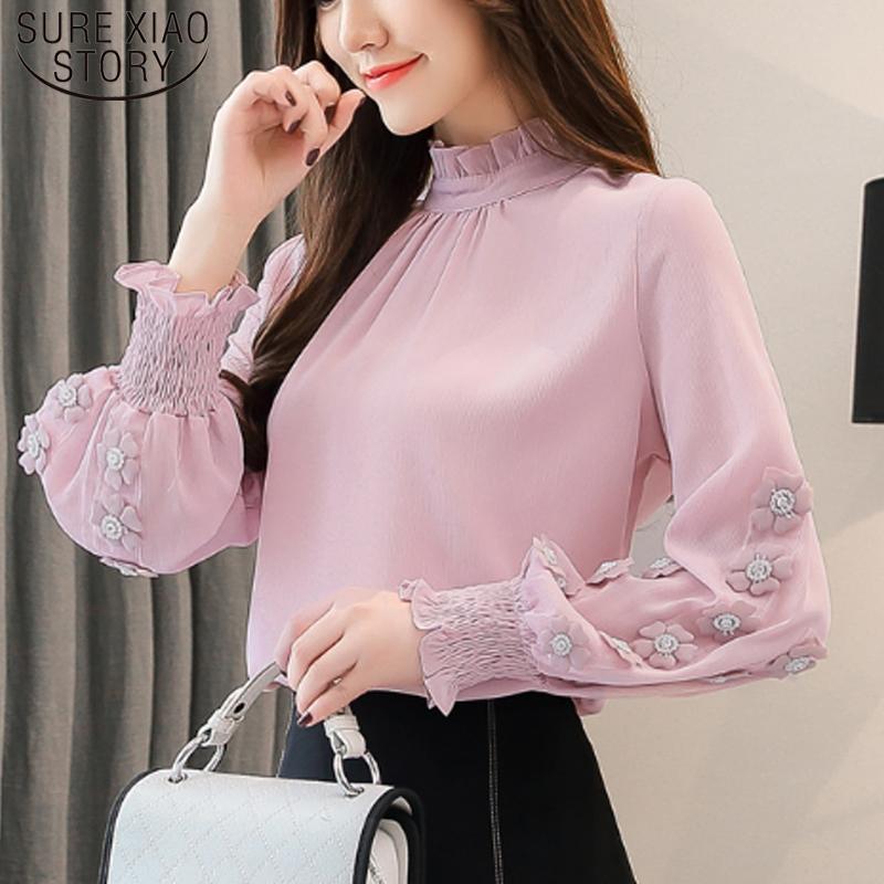 Изображение товара: Женская шифоновая блузка, розовый топ свободного покроя с длинным рукавом, 2021, 6939