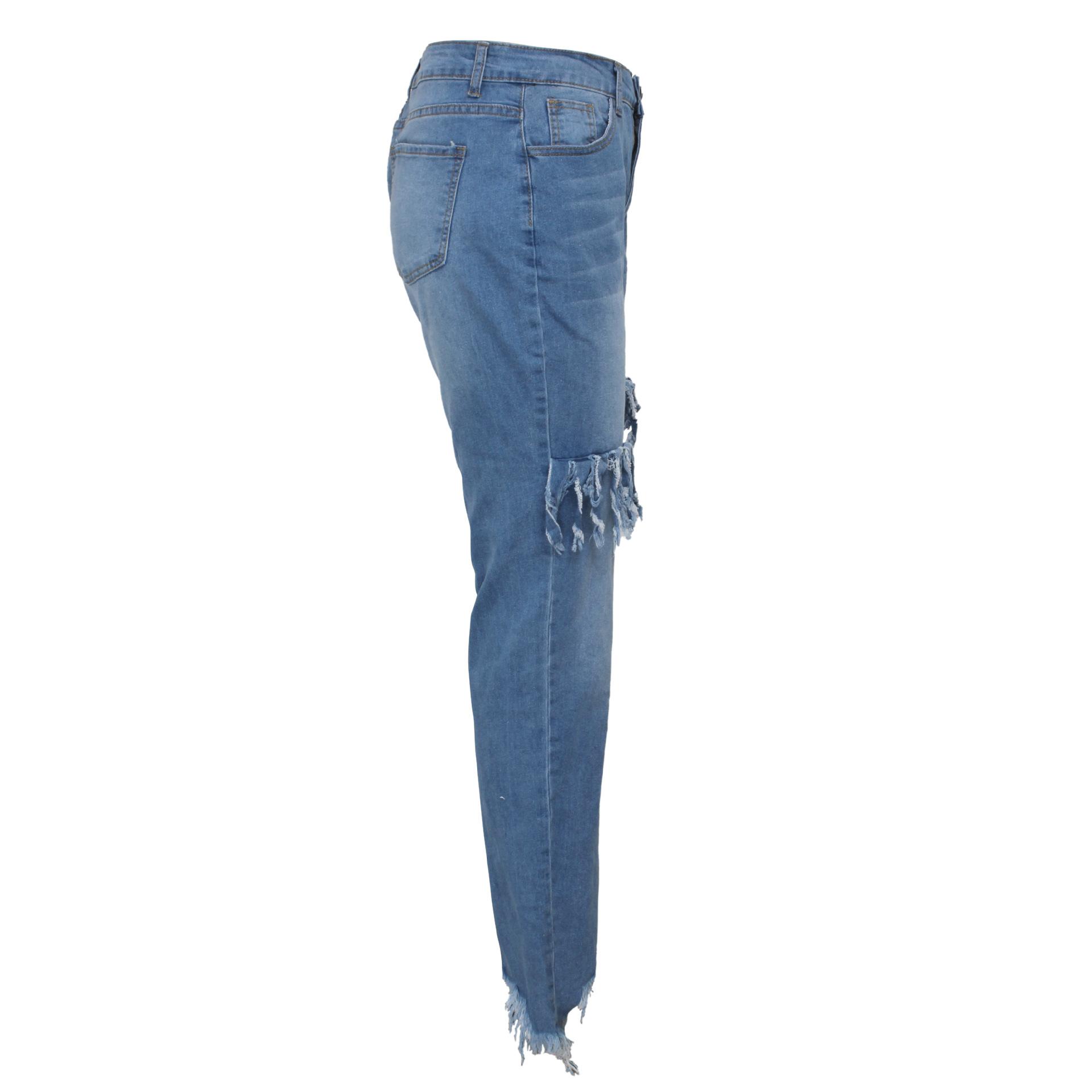 Изображение товара: Женские повседневные джинсы с высокой талией, Винтажные эластичные облегающие джинсы с эффектом потертости, модные джинсовые брюки с бахромой, женские джинсовые брюки-карандаш