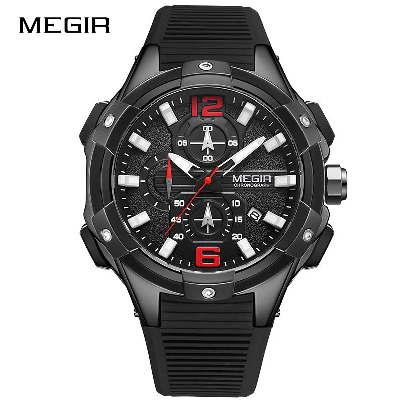 Изображение товара: MEGIR мужские черные кварцевые часы с силиконовым ремешком, спортивные наручные часы с хронографом для мужчин, водонепроницаемые светящиеся часы 2020, новые часы