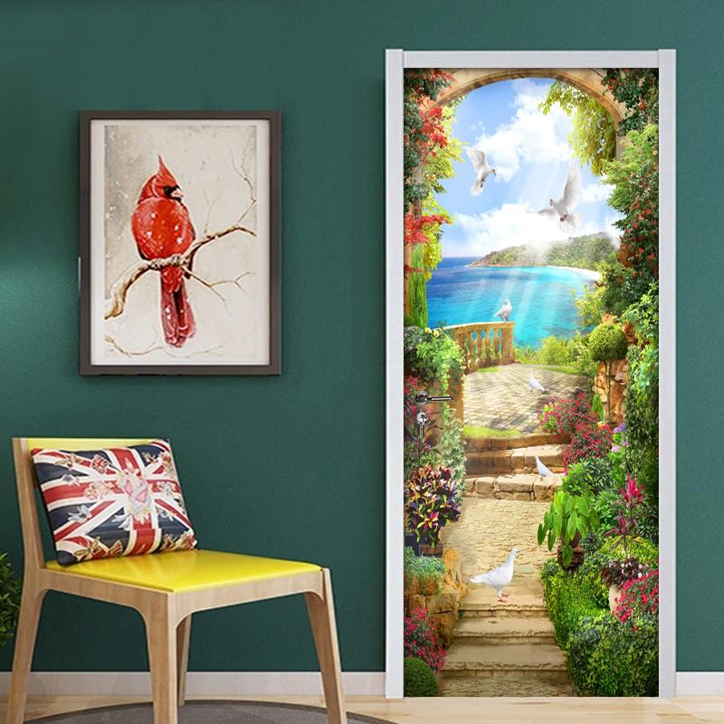 Изображение товара: Садовый пейзаж, дверная наклейка, 3D ПВХ водонепроницаемые самоклеящиеся Настенные обои для улучшения дома, Настенные обои для гостиной, спальни
