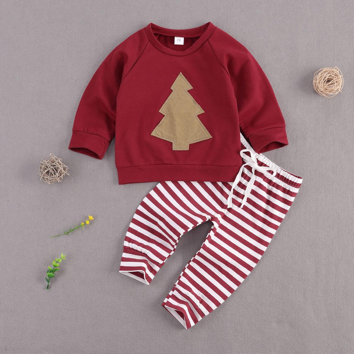 Изображение товара: Лидер продаж 2020, Детский комплект из двух предметов, топ с круглым вырезом и длинным рукавом с рождественской елкой, брюки в полоску с эластичным поясом на шнуровке для детей