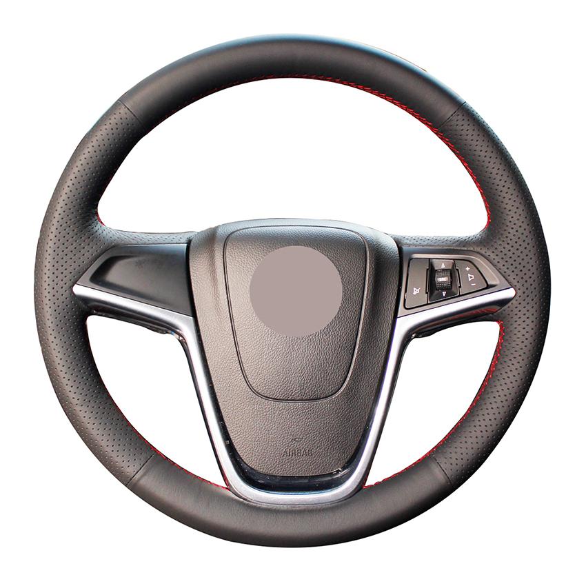 Изображение товара: Прошитый вручную черный из натуральной кожи Противоскользящий чехол рулевого колеса автомобиля для Opel Astra (J) 2010-2015 Ampera 2012-2015 Meriva