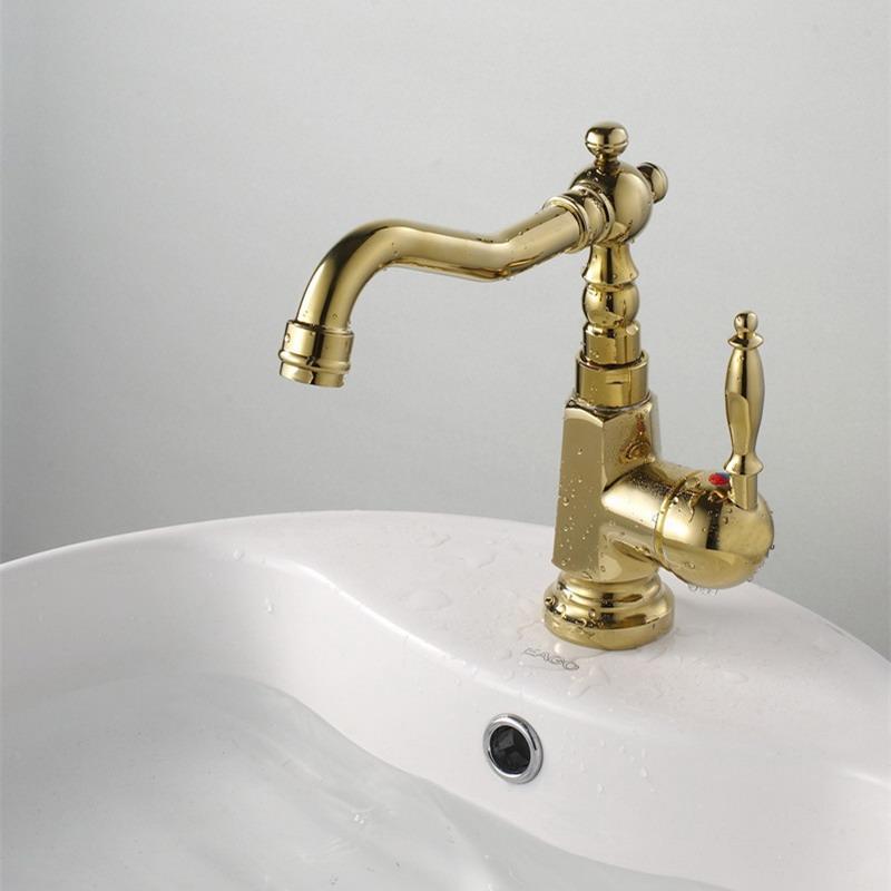 Изображение товара: Роскошный полированный золотой цвет, крепление на палубе, для ванной комнаты, для раковины, кран с одним отверстием/ручками, горячий и холодный смеситель, краны