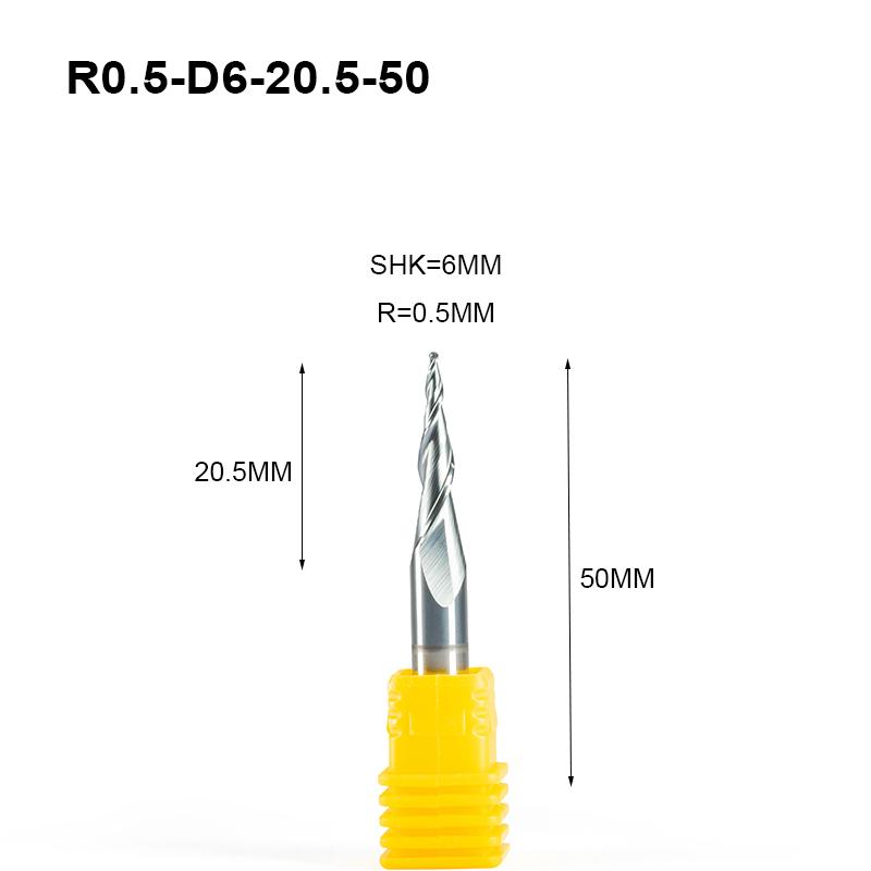 Изображение товара: 5 шт. R0.25 R0.75 R1 * D6 * 20,5 * 50L * 2F твердосплавные конические концевые фрезы Фрезы с ЧПУ конусные фрезы для дерева и металла