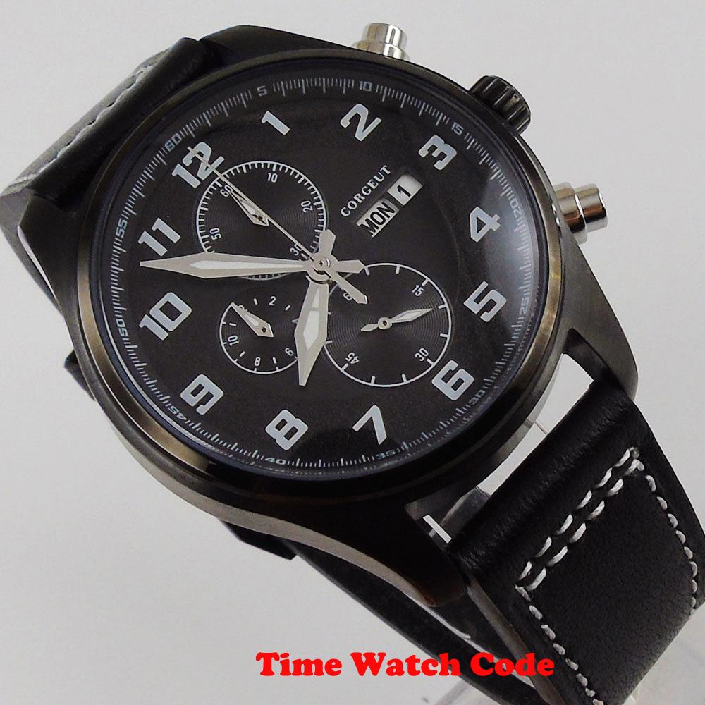 Изображение товара: Corgeut 42mm Quartz Men's Wristwatch Black PVD coated black Dial Chronograph Week Date display stop watch calendar leather strap