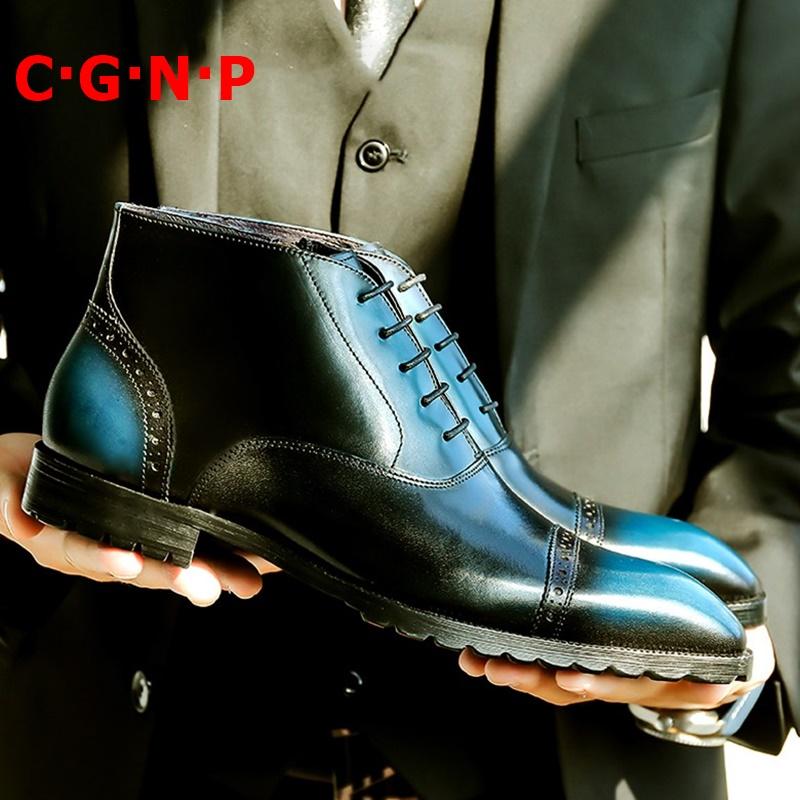 Изображение товара: C · G · N · P разноцветная трехсоставная кожаная обувь с высоким берцем ботильоны из натуральной коровьей кожи мужские ботинки на шнуровке рабочие ботинки в стиле ретро