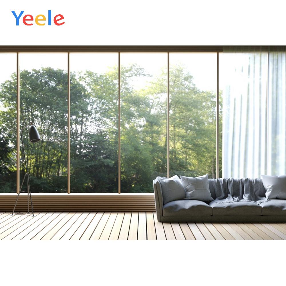 Изображение товара: Yeele деревянный пол Большой французский окно серый диван зеленые деревья фон Фотофон фон для декора Индивидуальный размер
