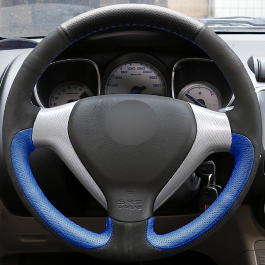 Изображение товара: Прошитый вручную черный замшевый синий кожаный Противоскользящий чехол рулевого колеса автомобиля для Honda City 2007-2008 Fit 2007-2008 Jazz 2007-2008