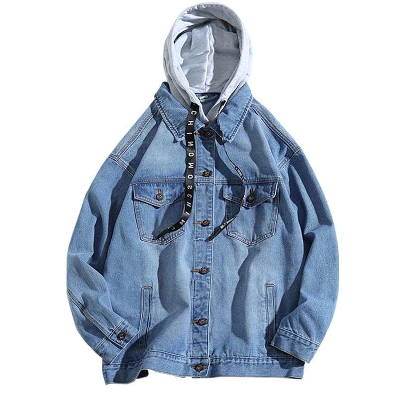 Изображение товара: Джинсовая куртка мужская с капюшоном, модная уличная одежда свободного покроя, однотонная Повседневная хлопковая куртка из денима в стиле хип-хоп, синий черный