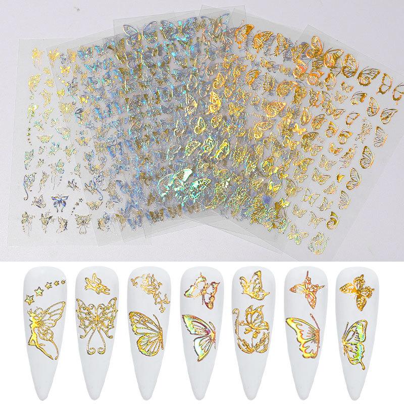 Изображение товара: Голографические 3D наклейки для ногтей, дизайн бабочки, переводная наклейка, лазерная Золотая Серебряная адхенсивная наклейка, украшение для ногтей