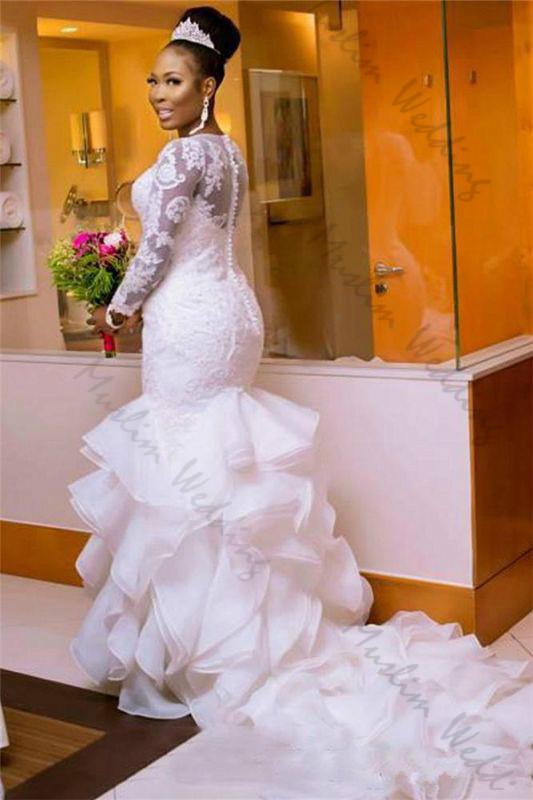 Изображение товара: Женское свадебное платье с юбкой-годе, белое кружевное платье из органзы с оборками и шлейфом, 2020