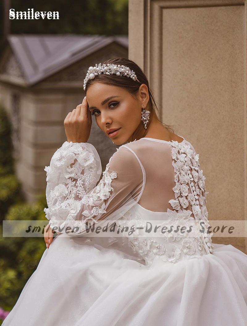 Изображение товара: Кружевное свадебное платье Smileven A Line с объемными цветами, пышными рукавами, Свадебные платья Vestido De Noiva, свадебные платья для девочек