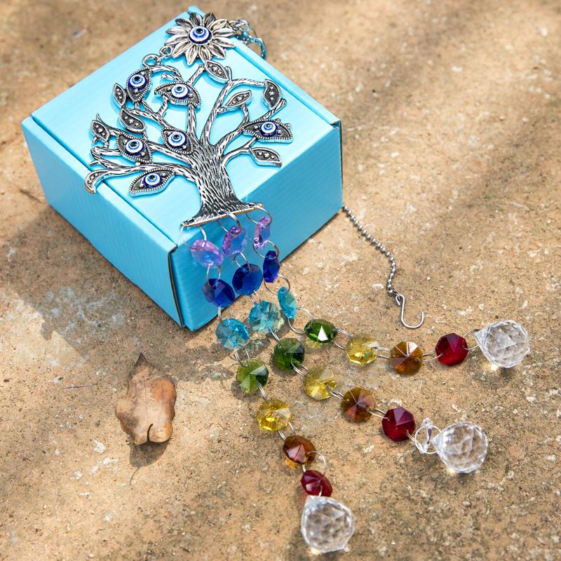 Изображение товара: H & D Радужная синяя подвеска «Жизнь сглаза» с деревом, чакра, подвесные кристаллы, призмы в виде шаров, Ловца солнца для украшения дома, окна, сада