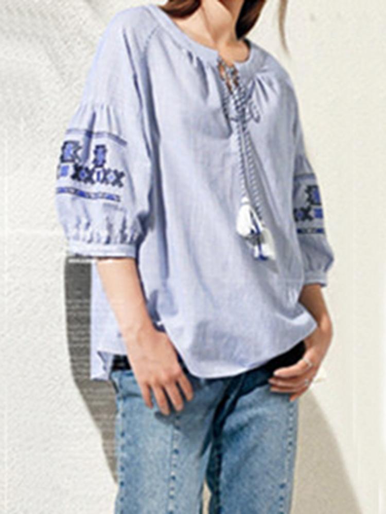 Изображение товара: Женская рубашка Oladivi, в полоску, с вышивкой, большого размера, лето-осень, с коротким рукавом, Свободный Топ, 5XL, 4XL