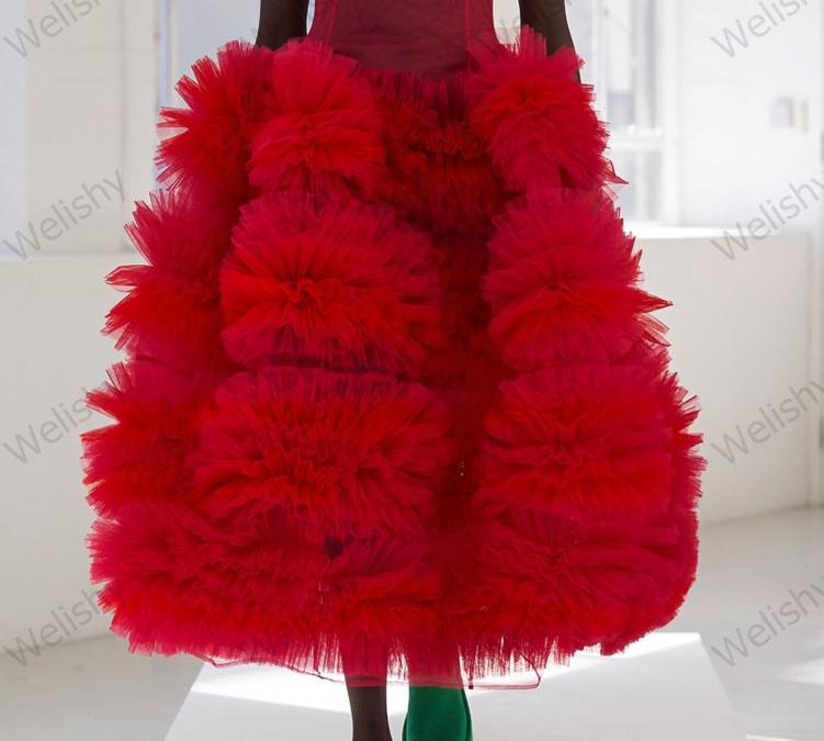 Изображение товара: Женская юбка с оборками, красная длинная юбка-макси из тюля длиной до щиколотки, вечерняя юбка для выпускного, для черных девушек, на заказ, 2020
