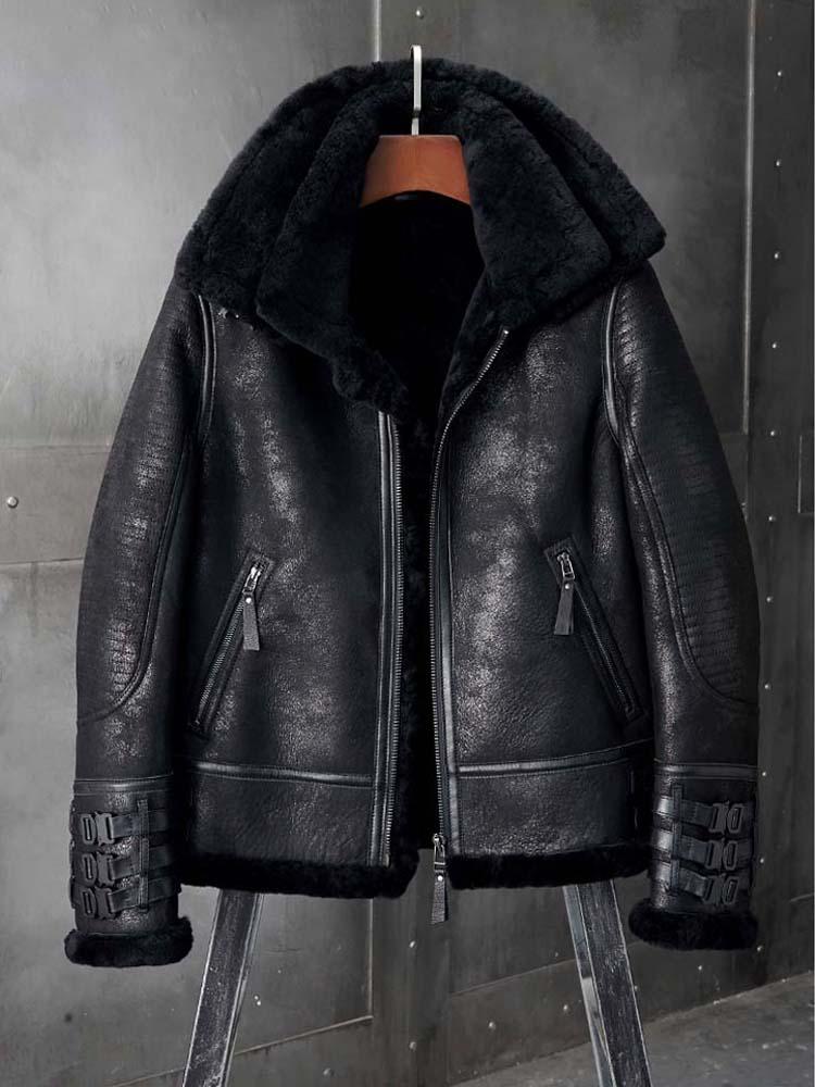 Изображение товара: Новая мужская дубленка, мужская куртка-бомбер B3, Короткая Меховая куртка, черная кожаная куртка, мотоциклетная куртка, пальто из натуральной овчины
