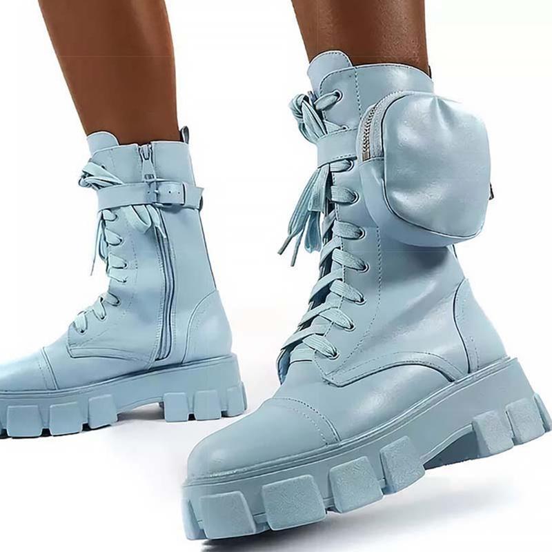 Изображение товара: Женские ботинки на массивной платформе, кожаные белые мотоциклетные ботинки с карманами, Ботильоны на каблуке, осень 2020
