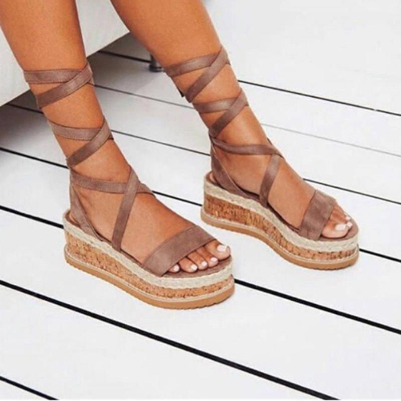 Изображение товара: Summer White Wedge Espadrilles Women Sandals Open Toe Rome Shoes Gladiator Sandals Ladies Casual Lace Up Female Platform Sandals