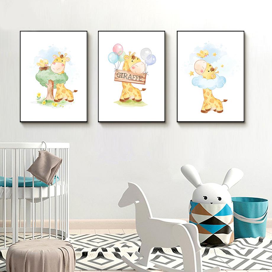 Изображение товара: Мультяшный Жираф птица Воздушные шары детская настенная Картина на холсте скандинавские плакаты и принты настенные картины декор для детской комнаты