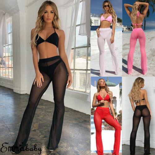 Изображение товара: Новое поступление, пикантные однотонные женские прозрачные расклешенные брюки с высокой талией, сетчатые пляжные длинные брюки