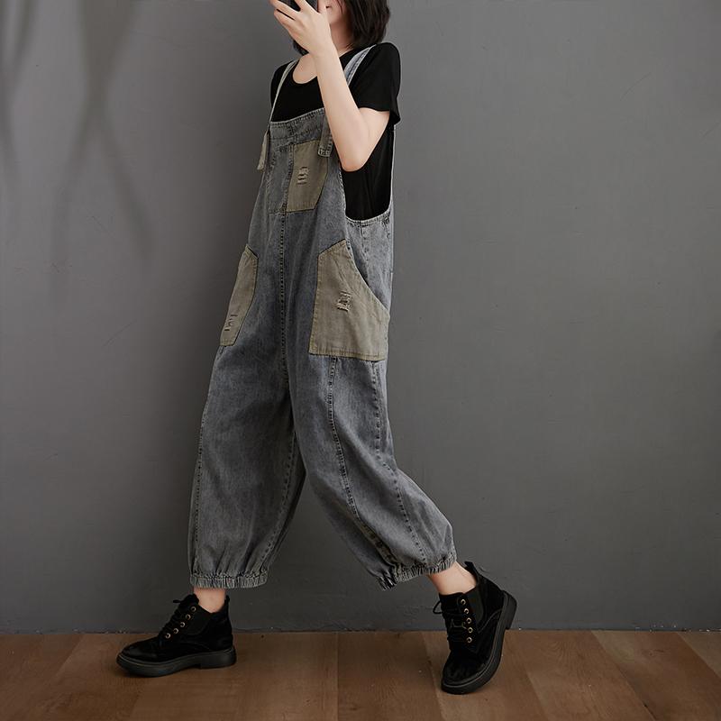 Изображение товара: Комбинезон женский джинсовый в винтажном стиле, Повседневная Уличная одежда с карманами, свободные джинсовые комбинезоны с широкими штанинами на подтяжках, размера плюс