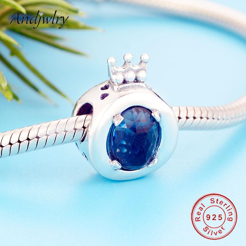 Изображение товара: Браслет Pandora из серебра 925 пробы с синей блестящей короной и круглыми подвесками, женское ювелирное изделие «сделай сам»