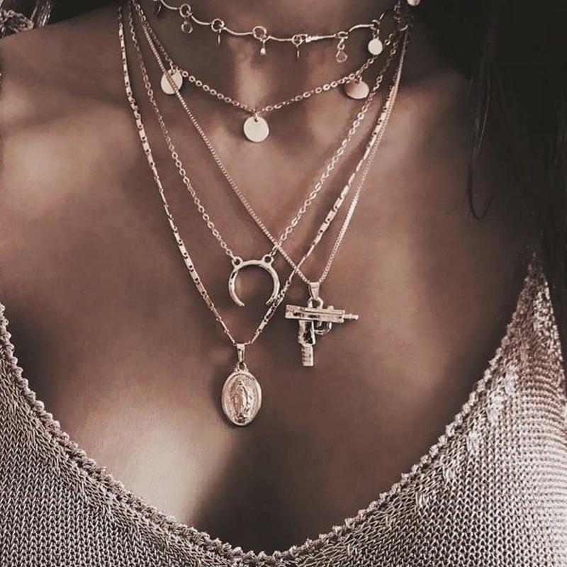 Изображение товара: Ожерелья HebeDeer с изображением пистолета, ювелирные изделия в форме Луны, модное ожерелье для влюбленных, для девушек, серебряного цвета, модное круглое ожерелье, многослойная цепочка, женские ожерелья