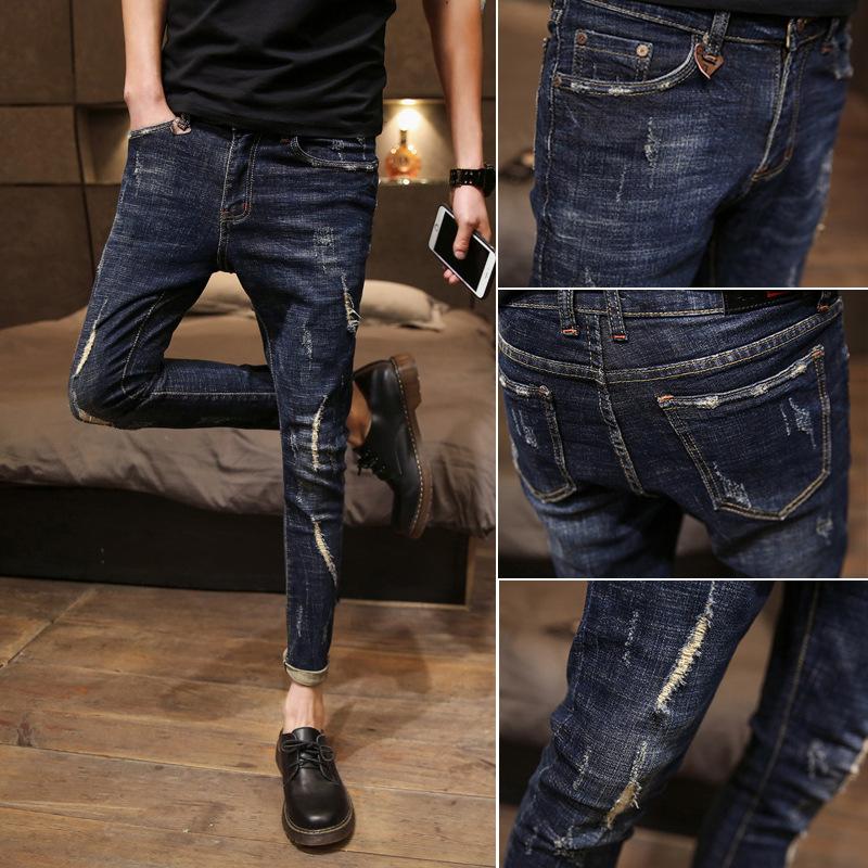 Изображение товара: Оптовая продажа 2022 джинсы для подростков мужские облегающие рваные джинсы корейский тренд Брендовые брюки повседневные весенние брюки-карандаш