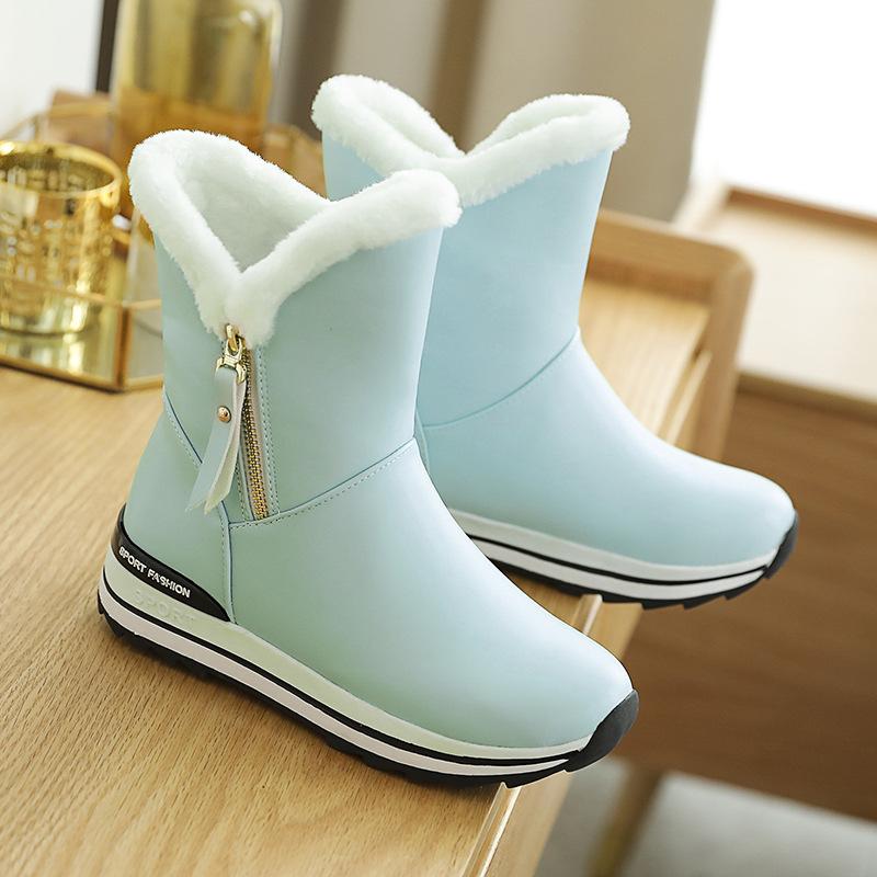 Изображение товара: Женские Классические сапоги до середины икры, зимние сапоги на низком каблуке, зимняя обувь, женские теплые плюшевые белые сапоги, женская зимняя обувь 2020